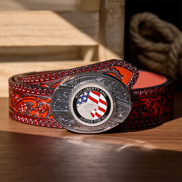 Liberty & Justice DIY Hidden Folding Knife Eagle Buckle Leather Belt - American Flag Eagle - Brown Carved Belt - 42 - image 8