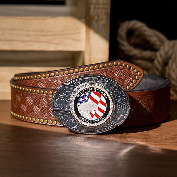 Liberty & Justice DIY Hidden Folding Knife Eagle Buckle Leather Belt - American Flag Eagle - Brown Rivet Belt - 42 - image 6