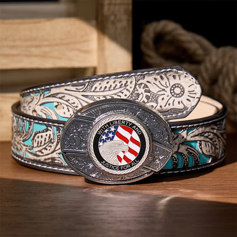 Liberty & Justice DIY Hidden Folding Knife Eagle Buckle Leather Belt - American Flag Eagle - Gray Floral Belt - 42 - image 10