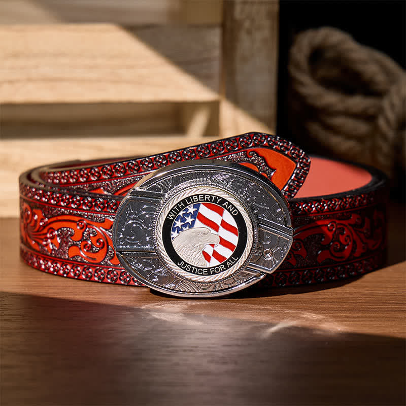 Liberty & Justice DIY Hidden Folding Knife Eagle Buckle Leather Belt - American Flag Eagle - Brown Carved Belt - 42 - image 8
