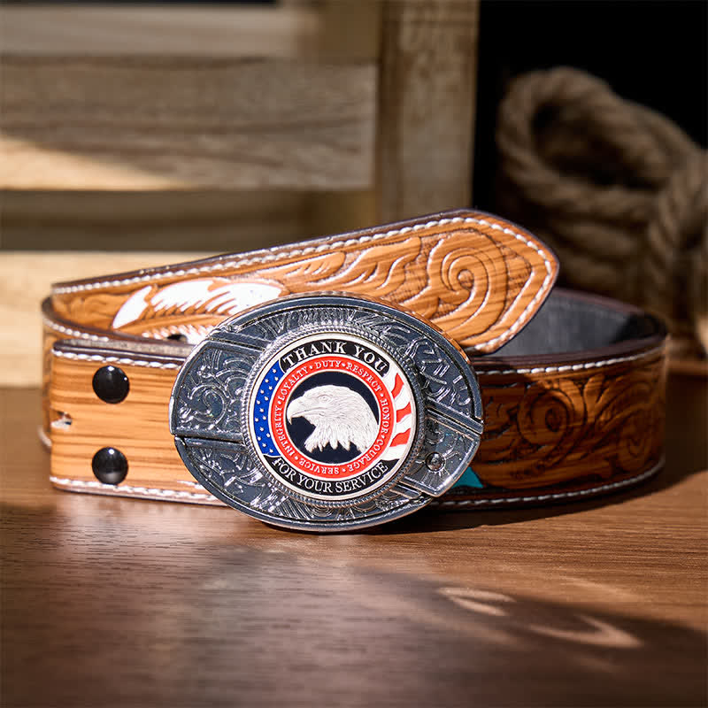 Honor & Courage DIY Hidden Folding Knife Eagle Buckle Leather Belt - Patriotic Eagle - Brown Feather Belt - 40 - image 9