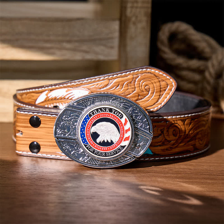 Honor & Courage DIY Hidden Folding Knife Eagle Buckle Leather Belt - Patriotic Eagle - Brown Feather Belt - 40 - image 9