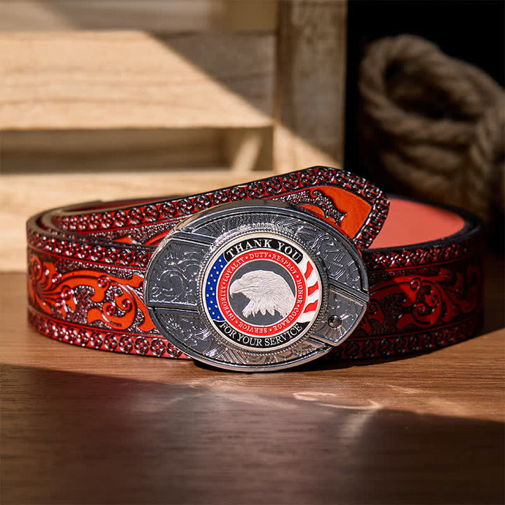 Honor & Courage DIY Hidden Folding Knife Eagle Buckle Leather Belt - Patriotic Eagle - Brown Carved Belt - 42 - image 8