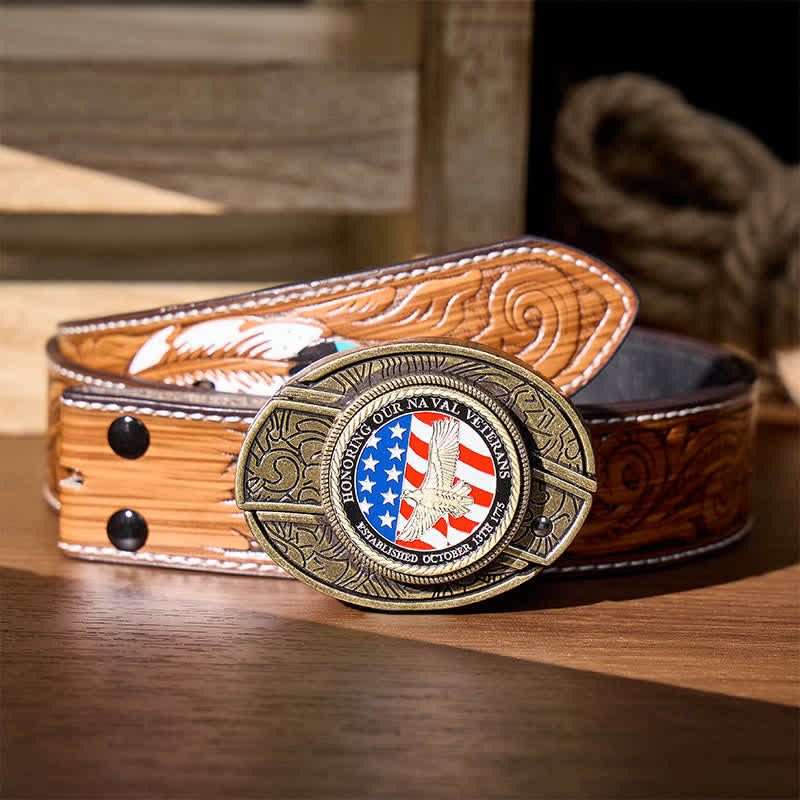 Honoring Naval Veterans DIY Hidden Folding Knife Eagle Buckle Leather Belt - Patriotic Eagle & Flag - Brown Feather Belt - 40 - image 9