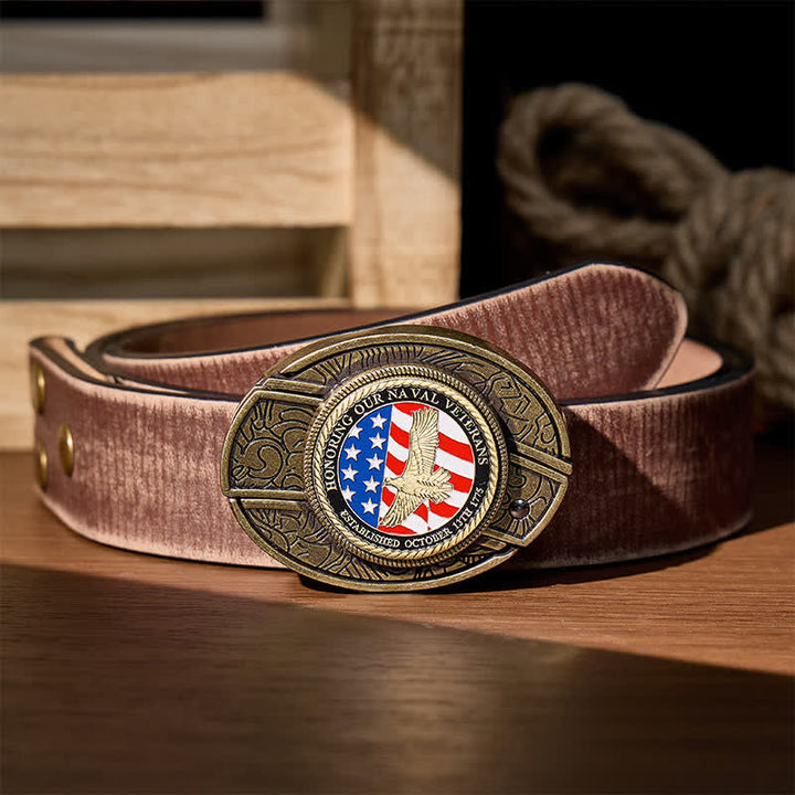 Honoring Naval Veterans DIY Hidden Folding Knife Eagle Buckle Leather Belt - Patriotic Eagle & Flag - Brown Distressed Belt - 42 - image 7