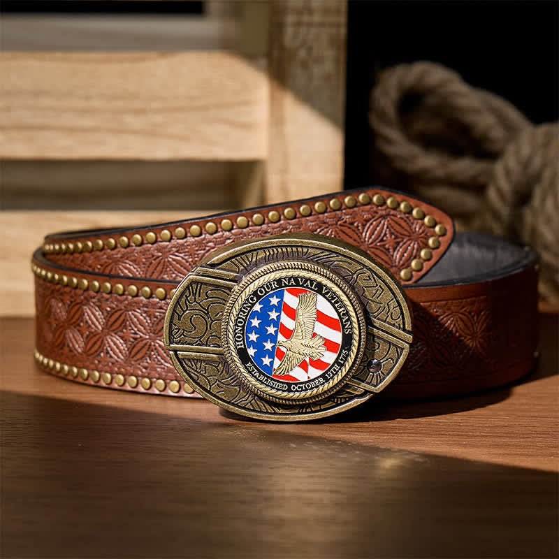 Honoring Naval Veterans DIY Hidden Folding Knife Eagle Buckle Leather Belt - Patriotic Eagle & Flag - Brown Rivet Belt - 42 - image 6
