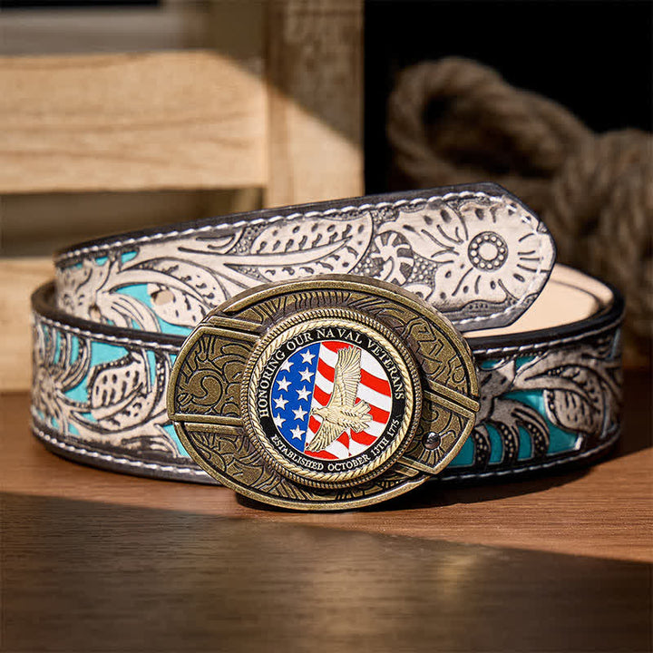 Honoring Naval Veterans DIY Hidden Folding Knife Eagle Buckle Leather Belt - Patriotic Eagle & Flag - Gray Floral Belt - 42 - image 10