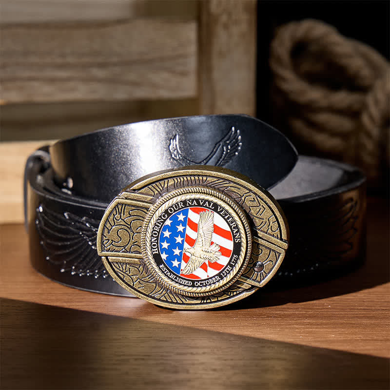 Honoring Naval Veterans DIY Hidden Folding Knife Eagle Buckle Leather Belt - Patriotic Eagle & Flag - Black Embossed Eagle Belt - 42 - image 4