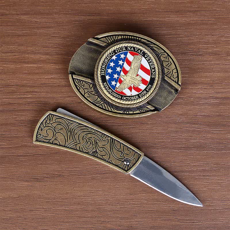 Honoring Naval Veterans DIY Hidden Folding Knife Eagle Buckle Leather Belt - image 1