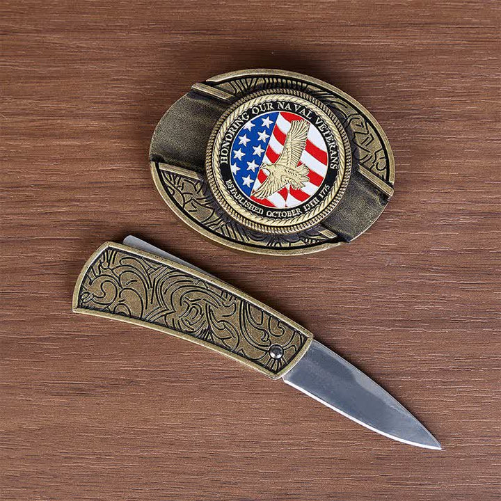 Honoring Naval Veterans DIY Hidden Folding Knife Eagle Buckle Leather Belt - image 1