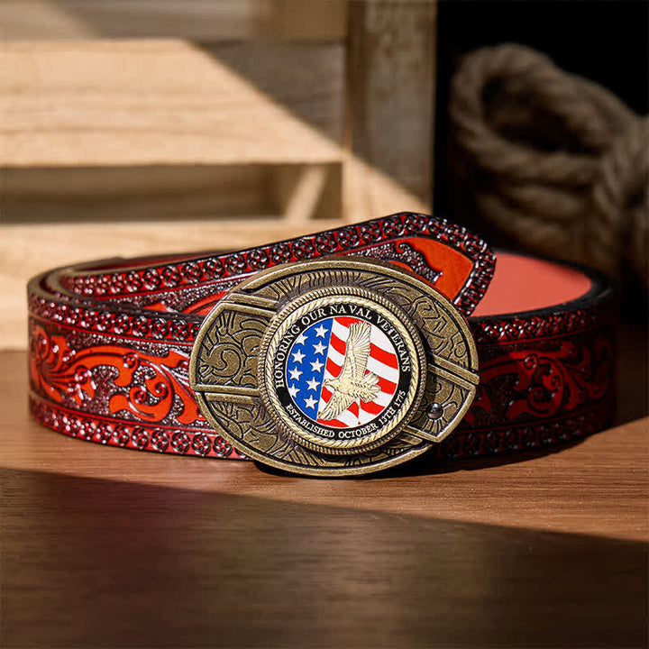Honoring Naval Veterans DIY Hidden Folding Knife Eagle Buckle Leather Belt - Patriotic Eagle & Flag - Brown Carved Belt - 42 - image 8