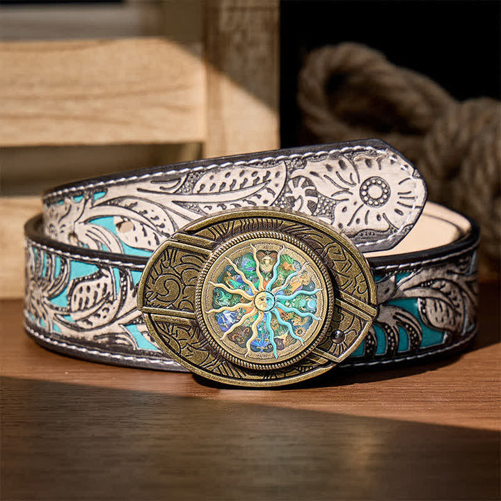 Bronze Astrology Zodiac DIY Hidden Folding Knife Buckle Leather Belt - Bronze - Gray Floral Belt - 42 - image 8