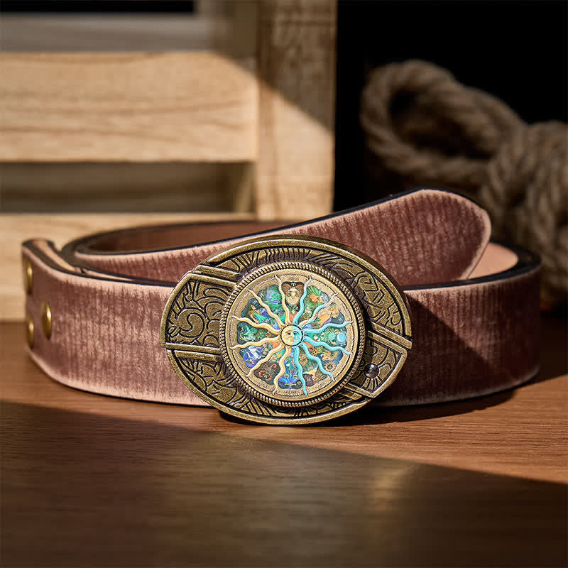 Bronze Astrology Zodiac DIY Hidden Folding Knife Buckle Leather Belt - Bronze - Brown Distressed Belt - 42 - image 5