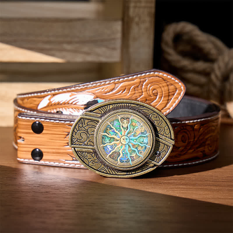 Bronze Astrology Zodiac DIY Hidden Folding Knife Buckle Leather Belt - Bronze - Brown Feather Belt - 40 - image 7