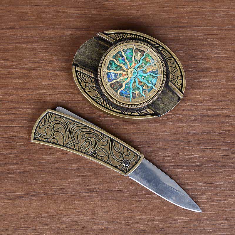 Bronze Astrology Zodiac DIY Hidden Folding Knife Buckle Leather Belt - image 1