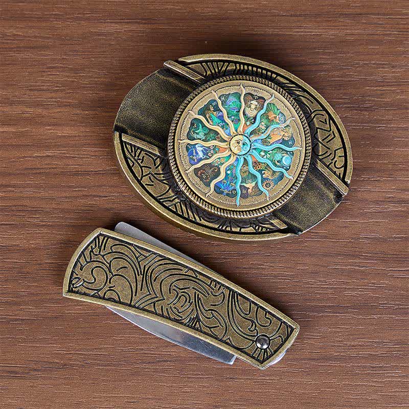Bronze Astrology Zodiac DIY Hidden Folding Knife Buckle Leather Belt - image 10