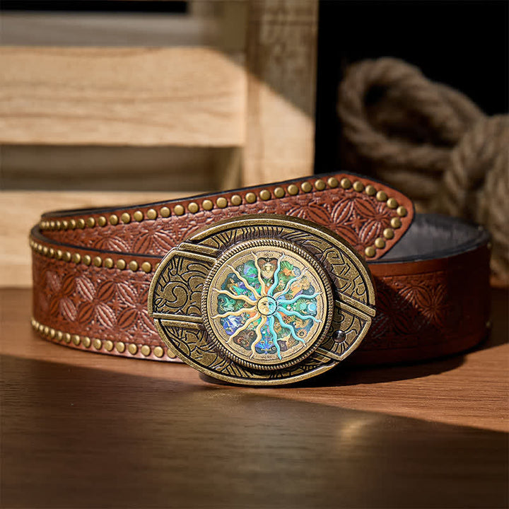 Bronze Astrology Zodiac DIY Hidden Folding Knife Buckle Leather Belt - Bronze - Brown Rivet Belt - 42 - image 4