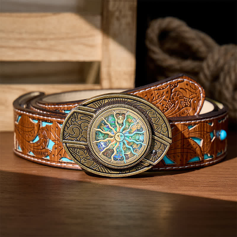 Bronze Astrology Zodiac DIY Hidden Folding Knife Buckle Leather Belt - Bronze - Turquoise Carved Belt - 42 - image 3