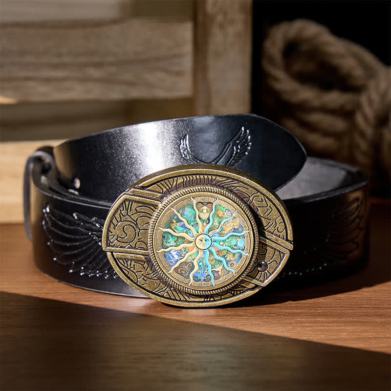 Bronze Astrology Zodiac DIY Hidden Folding Knife Buckle Leather Belt - Bronze - Black Embossed Eagle Belt - 42 - image 2