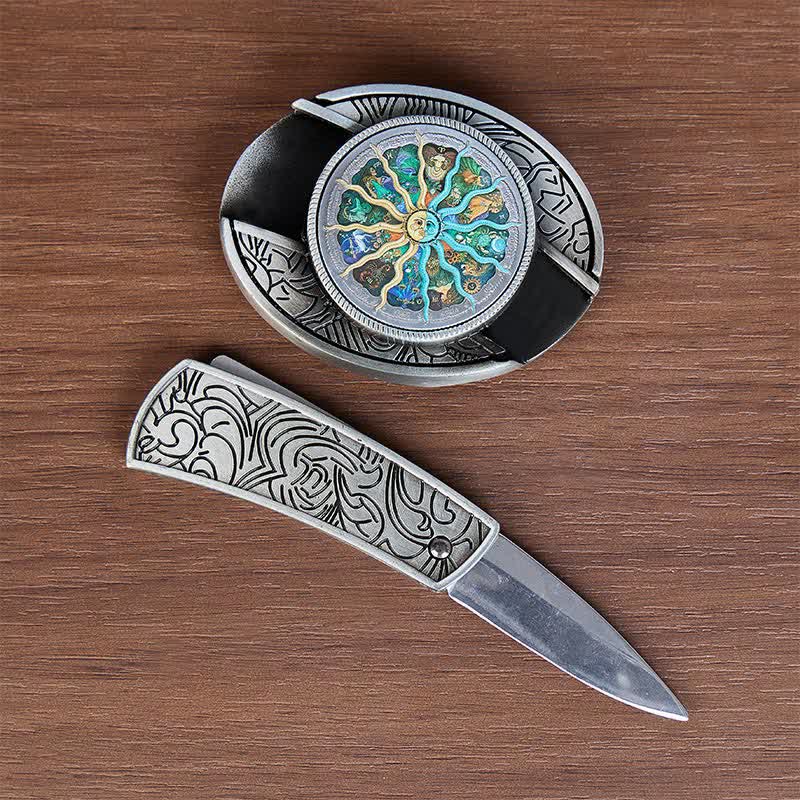 Silver Astrology Zodiac DIY Hidden Folding Knife Buckle Leather Belt - image 1