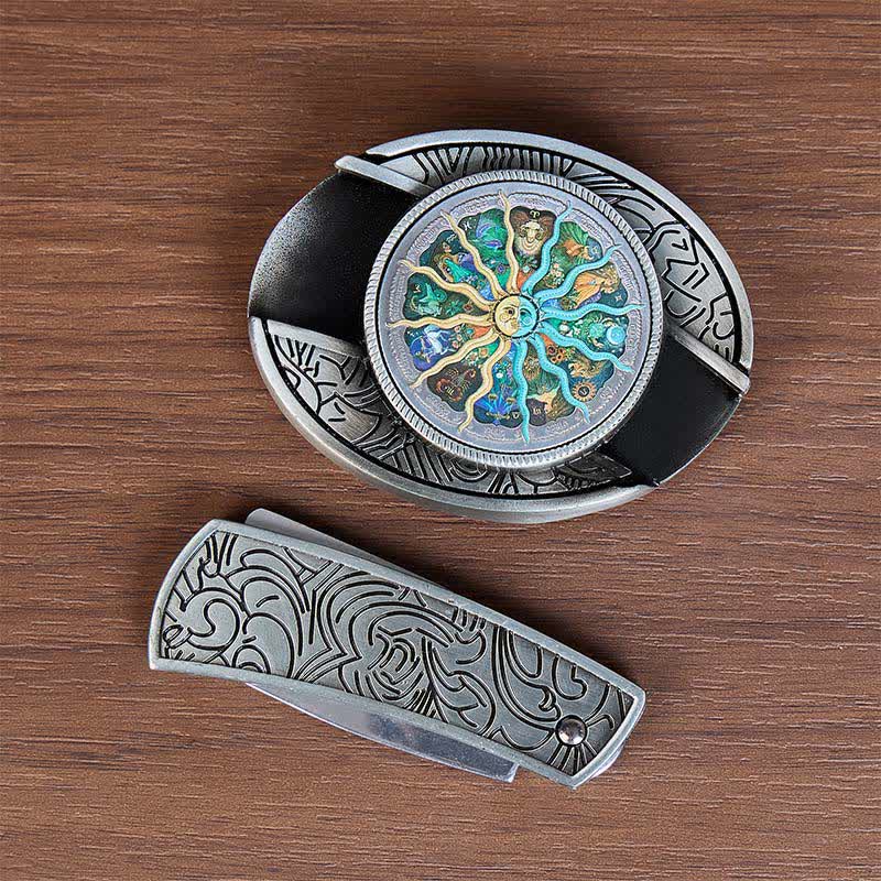 Silver Astrology Zodiac DIY Hidden Folding Knife Buckle Leather Belt - image 9