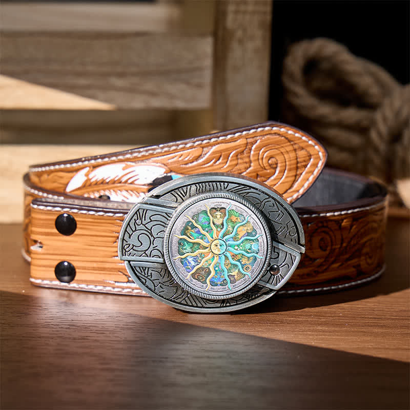 Silver Astrology Zodiac DIY Hidden Folding Knife Buckle Leather Belt - Silver - Brown Feather Belt - 40 - image 7