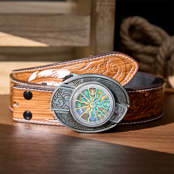 Silver Astrology Zodiac DIY Hidden Folding Knife Buckle Leather Belt - Silver - Brown Feather Belt - 40 - image 7
