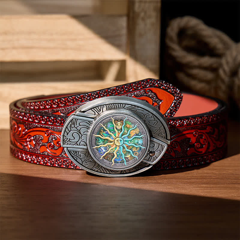Silver Astrology Zodiac DIY Hidden Folding Knife Buckle Leather Belt - Silver - Brown Carved Belt - 42 - image 6