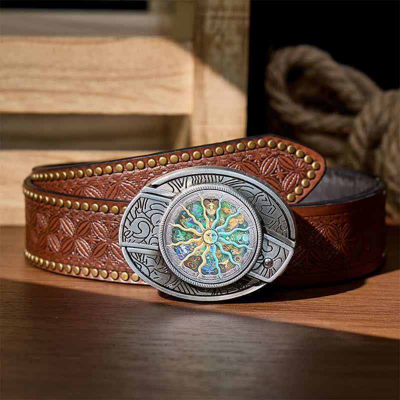 Silver Astrology Zodiac DIY Hidden Folding Knife Buckle Leather Belt - Silver - Brown Rivet Belt - 42 - image 4