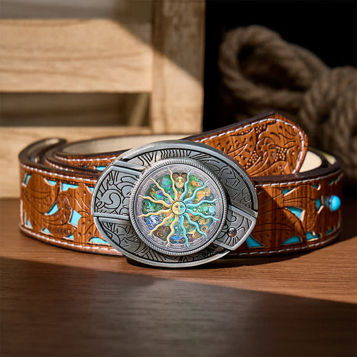 Silver Astrology Zodiac DIY Hidden Folding Knife Buckle Leather Belt - Silver - Turquoise Carved Belt - 42 - image 3