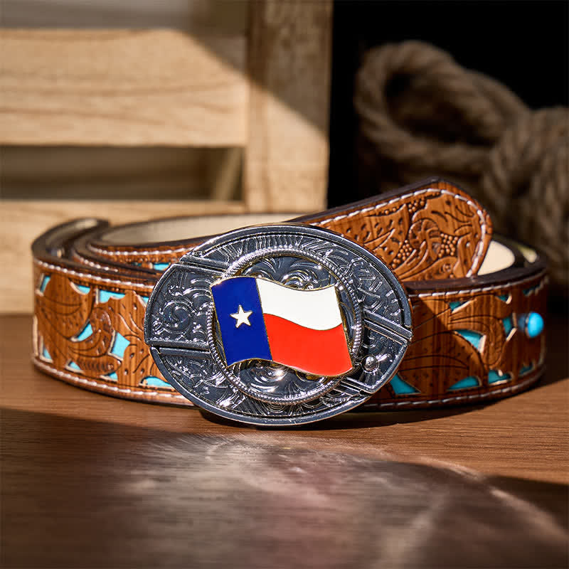 Texas State Flag DIY Hidden Folding Knife Buckle Leather Belt - Texas State Flag - Turquoise Carved Belt - 42 - image 3