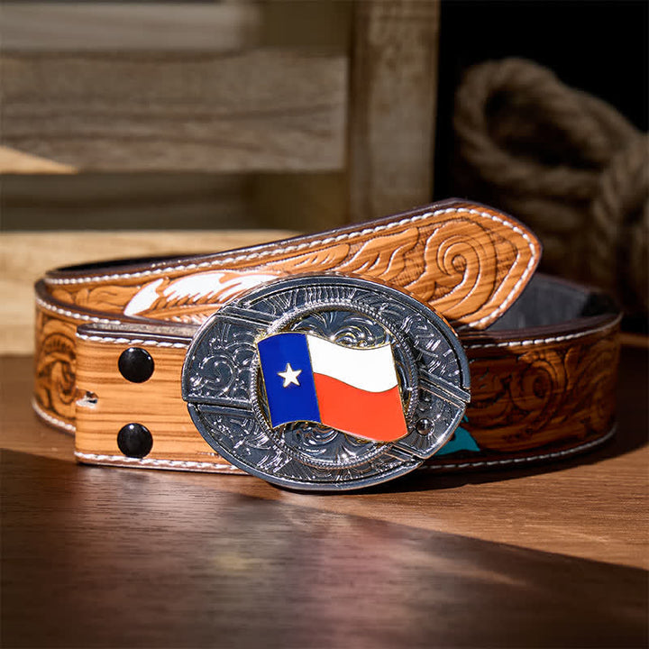 Texas State Flag DIY Hidden Folding Knife Buckle Leather Belt - Texas State Flag - Brown Feather Belt - 40 - image 7