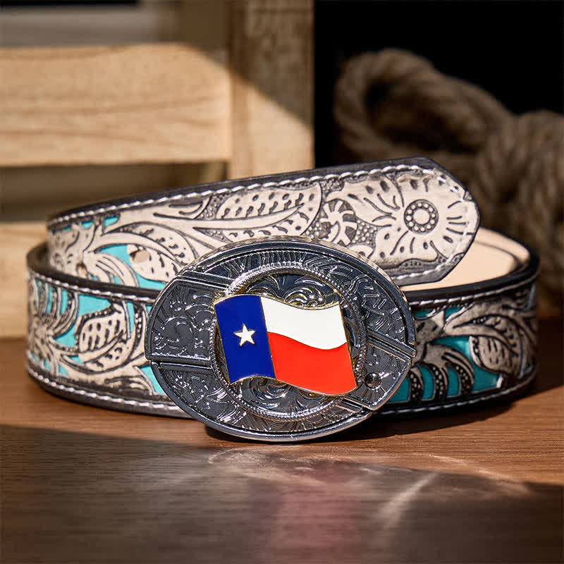 Texas State Flag DIY Hidden Folding Knife Buckle Leather Belt - Texas State Flag - Gray Floral Belt - 42 - image 8