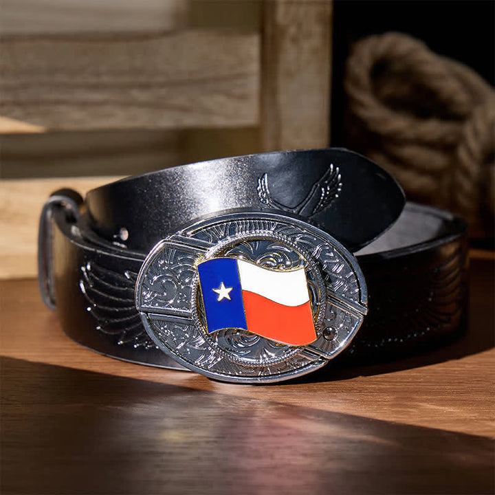 Texas State Flag DIY Hidden Folding Knife Buckle Leather Belt - Texas State Flag - Black Embossed Eagle Belt - 42 - image 2