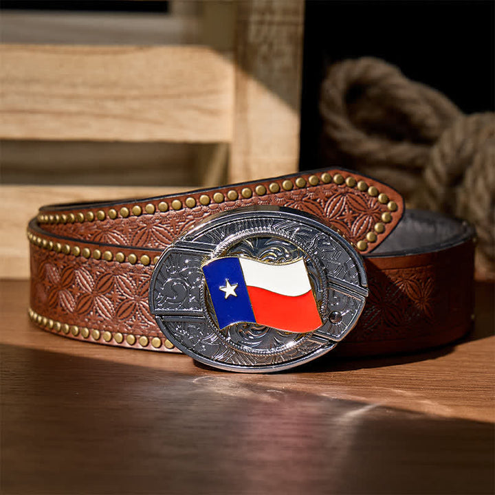 Texas State Flag DIY Hidden Folding Knife Buckle Leather Belt - Texas State Flag - Brown Rivet Belt - 42 - image 4