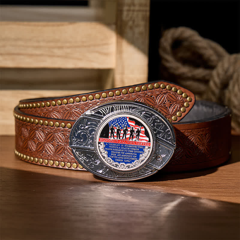 Patriotic Quote DIY Hidden Folding Knife Flag Buckle Leather Belt - Patriotic Quote - Brown Rivet Belt - 42 - image 4