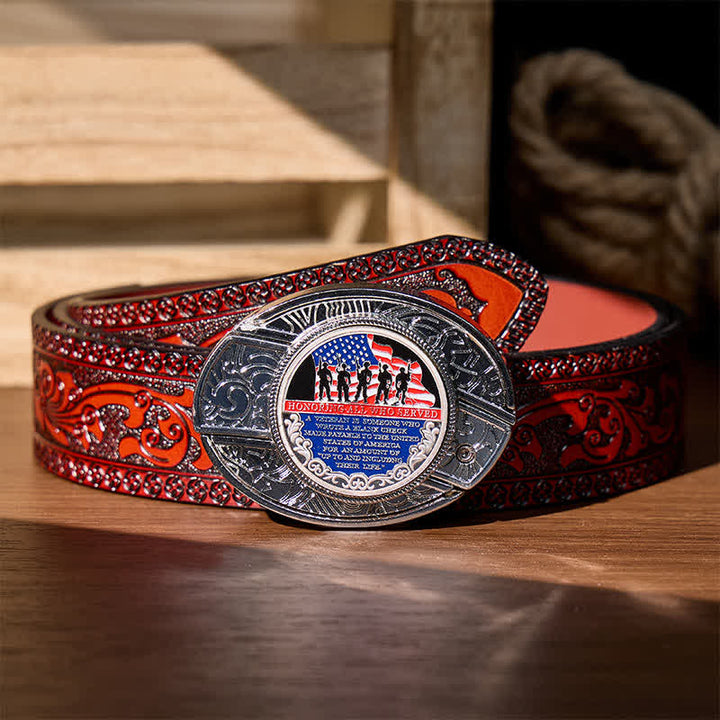 Patriotic Quote DIY Hidden Folding Knife Flag Buckle Leather Belt - Patriotic Quote - Brown Carved Belt - 42 - image 6