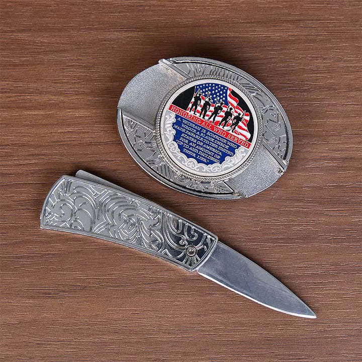 Patriotic Quote DIY Hidden Folding Knife Flag Buckle Leather Belt - image 1