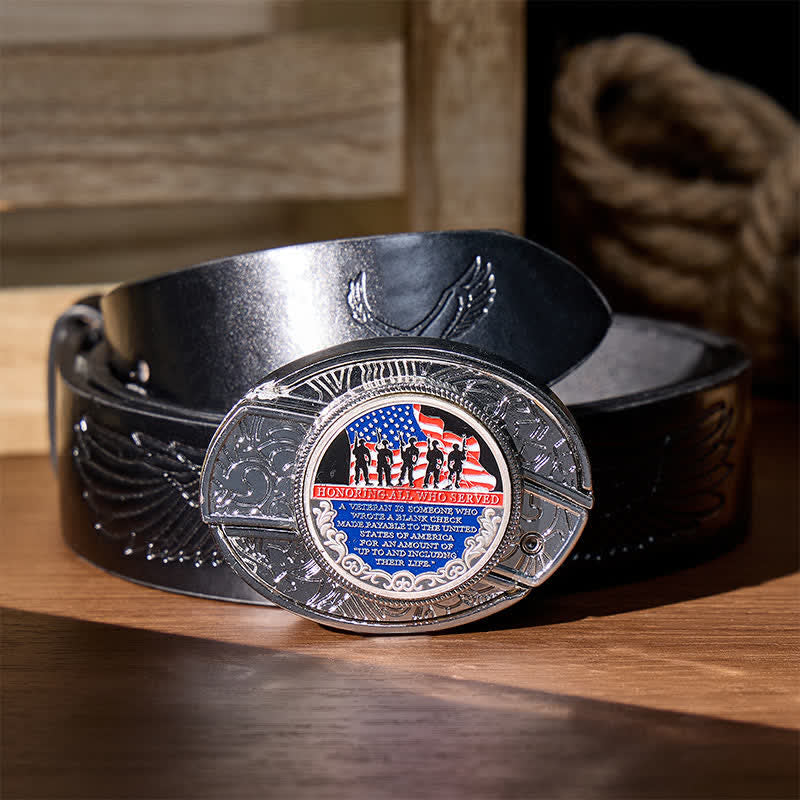 Patriotic Quote DIY Hidden Folding Knife Flag Buckle Leather Belt - Patriotic Quote - Black Embossed Eagle Belt - 42 - image 2