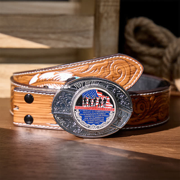Patriotic Quote DIY Hidden Folding Knife Flag Buckle Leather Belt - Patriotic Quote - Brown Feather Belt - 40 - image 7