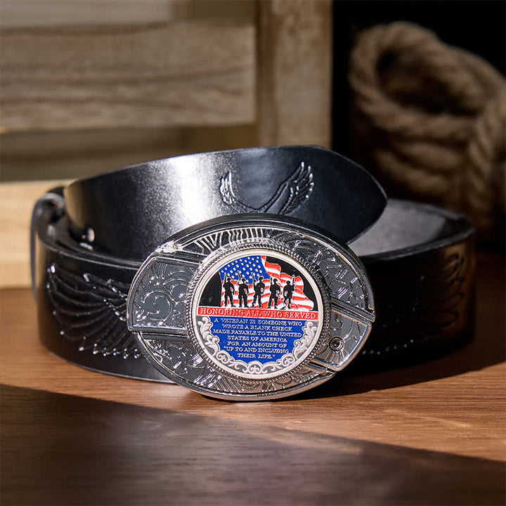 Patriotic Quote DIY Hidden Folding Knife Flag Buckle Leather Belt - Patriotic Quote - Black Embossed Eagle Belt - 42 - image 2