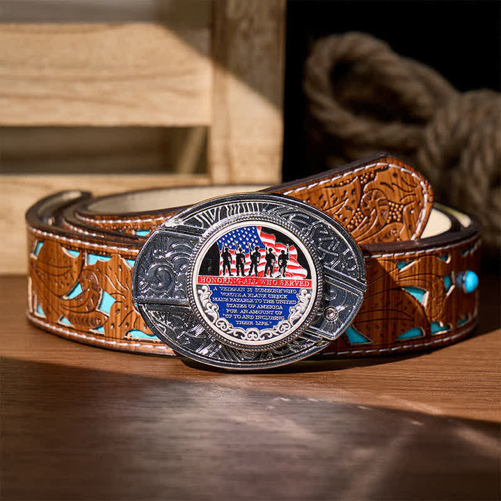 Patriotic Quote DIY Hidden Folding Knife Flag Buckle Leather Belt - Patriotic Quote - Turquoise Carved Belt - 42 - image 3