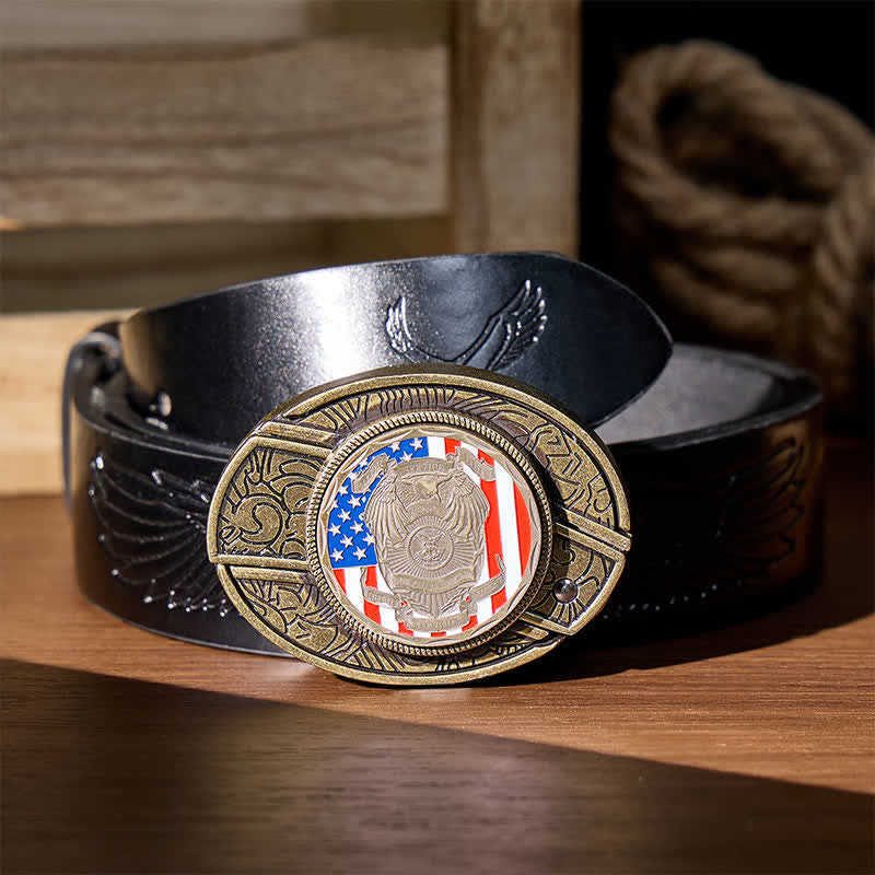 Fallen Officers Tribute DIY Hidden Folding Knife Flag Buckle Leather Belt - Fallen Officers Tribute - Black Embossed Eagle Belt - 42 - image 2