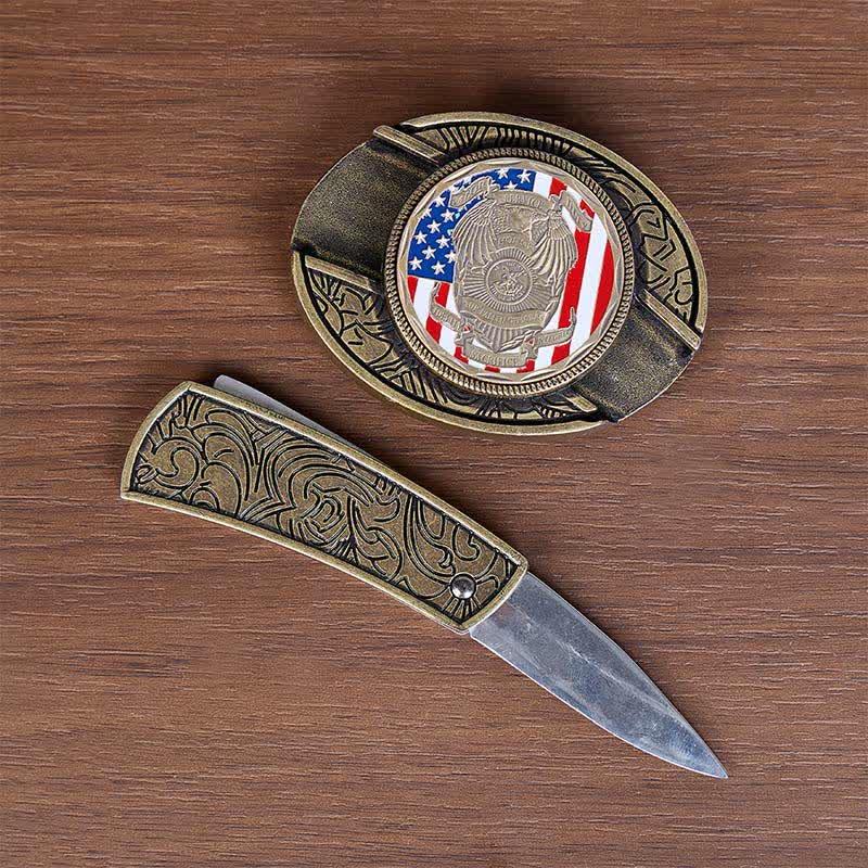 Fallen Officers Tribute DIY Hidden Folding Knife Flag Buckle Leather Belt - image 1