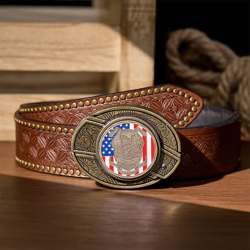 Fallen Officers Tribute DIY Hidden Folding Knife Flag Buckle Leather Belt - Fallen Officers Tribute - Brown Rivet Belt - 42 - image 4
