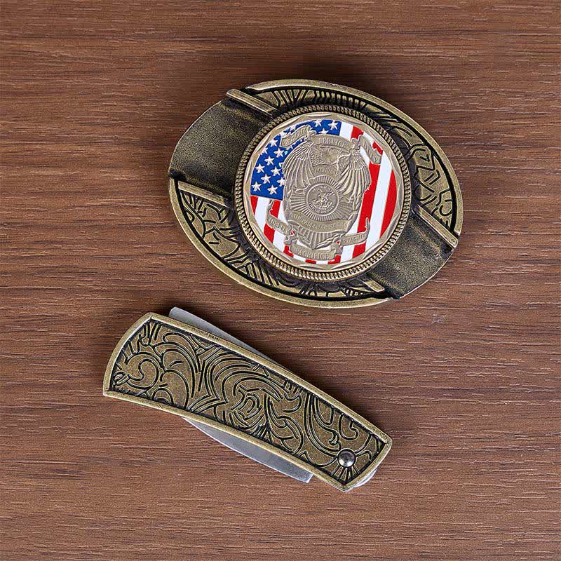 Fallen Officers Tribute DIY Hidden Folding Knife Flag Buckle Leather Belt - image 10