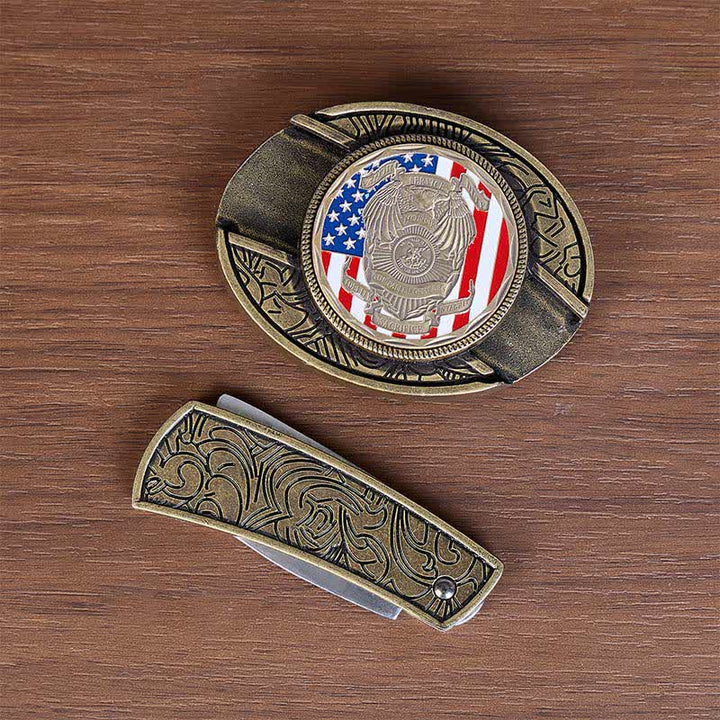 Fallen Officers Tribute DIY Hidden Folding Knife Flag Buckle Leather Belt - image 10
