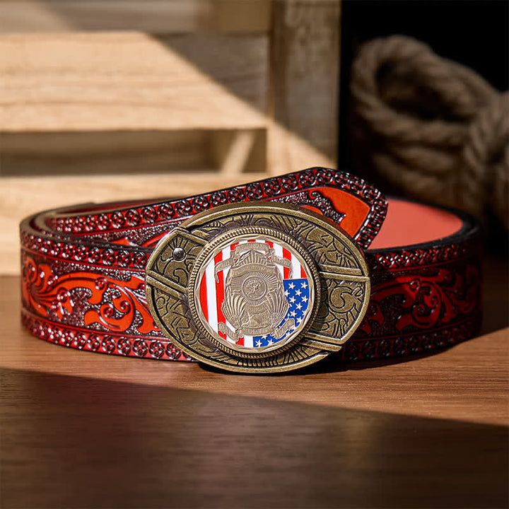 Fallen Officers Tribute DIY Hidden Folding Knife Flag Buckle Leather Belt - Fallen Officers Tribute - Brown Carved Belt - 42 - image 6
