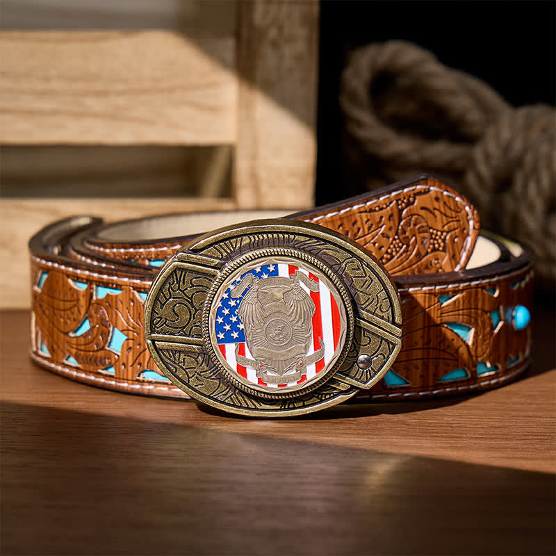 Fallen Officers Tribute DIY Hidden Folding Knife Flag Buckle Leather Belt - Fallen Officers Tribute - Turquoise Carved Belt - 42 - image 3