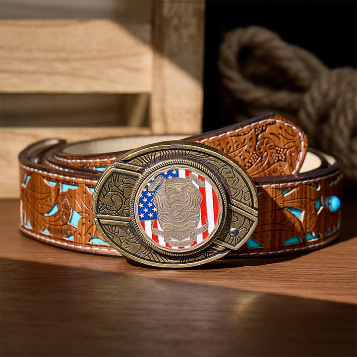 Fallen Officers Tribute DIY Hidden Folding Knife Flag Buckle Leather Belt - Fallen Officers Tribute - Turquoise Carved Belt - 42 - image 3